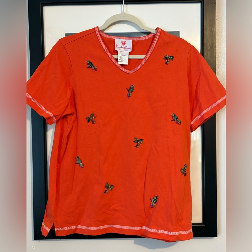 Quacker Factory V-Neck T-Shirt With Beaded Parrot and Palm Tree Embellishments